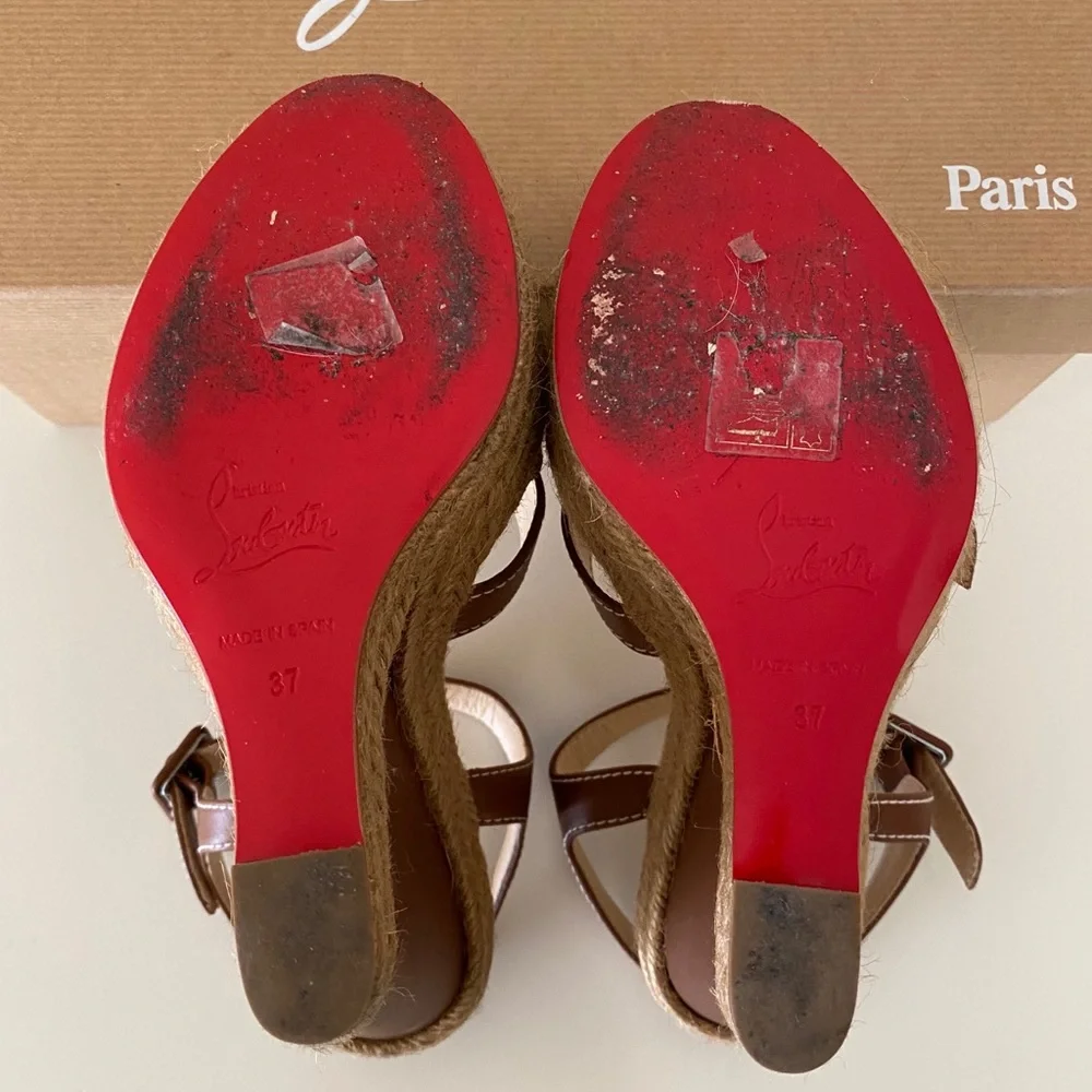 Christian Louboutin Brown Leather Espadrille Wedge Sandals